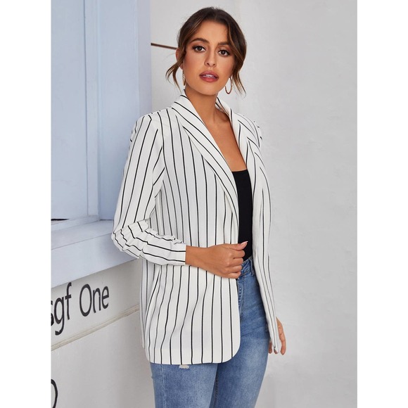 Pinstriped Shawl Collar Blazer striped white black minimalist preppy - Picture 5 of 5